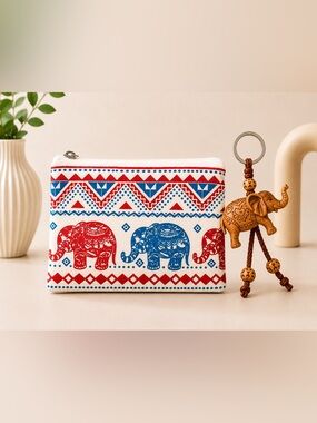 Bundle Red - Blue Thai Elephant Zipper Pouch + Wooden Elephant Keychain